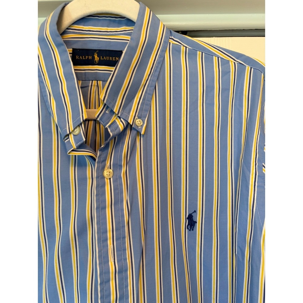 Ralph Lauren Mens Blue Yellow Striped Cotton Button Down Shirt Long Sleeve XL
